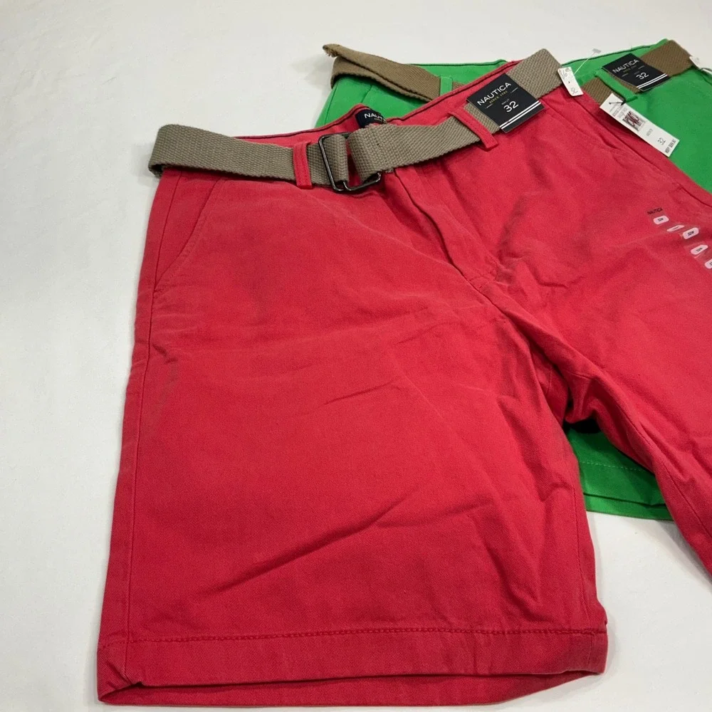 Nautica Mens 32 Chino Shorts 2 Pack Red Green Belted Flat Front BC6102 NEW
